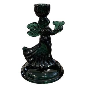 Vintage Dark Emerald Green Angel Holding Harp 8” Candle Holder